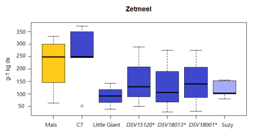 Figuur 2: Zetmeelgehalte van mais en de verschillende sorghumrassen Geel is mais, donkerblauw zijn de zetmeeltypen, lichtblauw is het structuurtype.*Rassen in testfase.